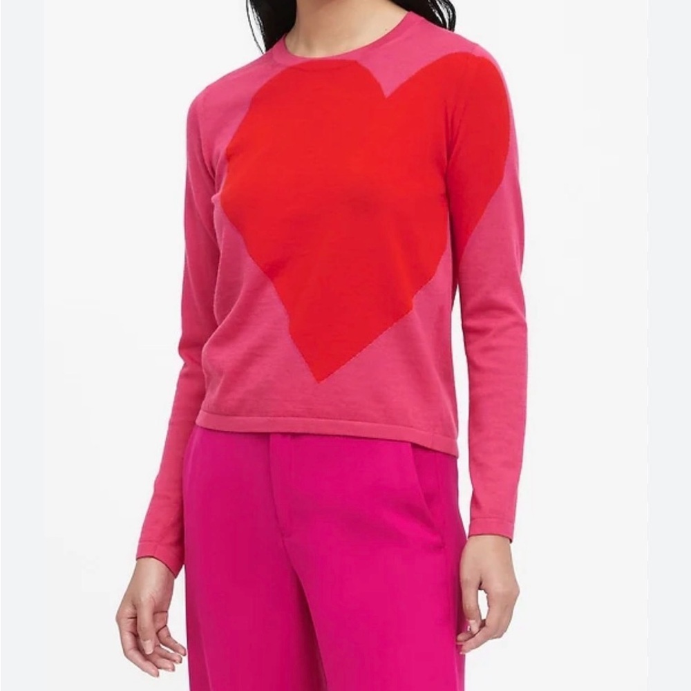 Banana Republic Heart Sweater Small NWOT Merino Wool Blend Pink Red Romantic Lig